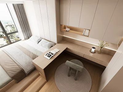 Modern Tatami Bedroom With Bed Desk Cabinet Round Rug And Window 3d model