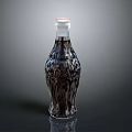 Glass Beverage Bottle With Dark Liquid White Cap And Patterned Body On Black Background