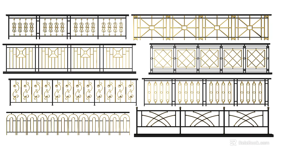 Various Decorative Railing Designs With Ornate Patterns Geometric Shapes And Classic Styles 3d model