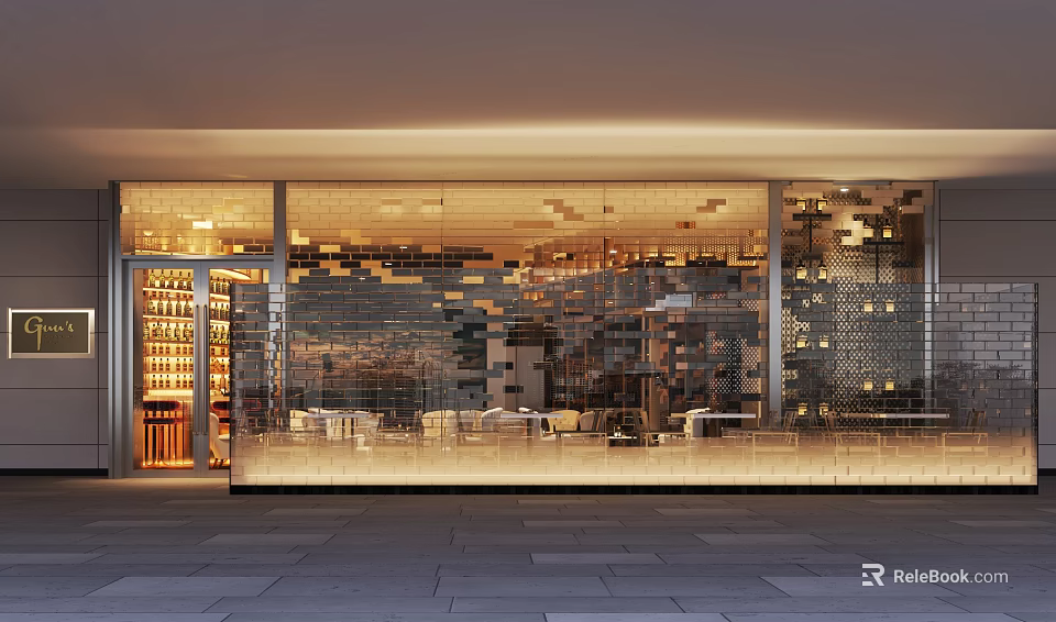 Modern Stylish Bar Interior Featuring Glass Wall Urban Skyline View Wine Racks And Seating 3d model 