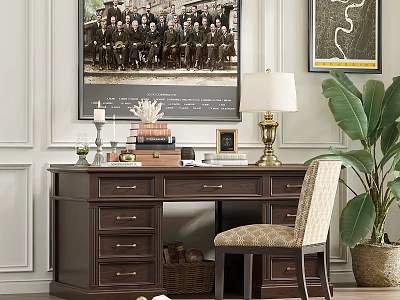 Dark Brown Wooden Desk With Drawers Chair Table Lamp Books Photo Frame And Potted Plant 3d model