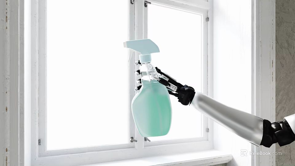 Smart Robot Arm Holding Green Spray Bottle For Window Cleaning Task 3d model 