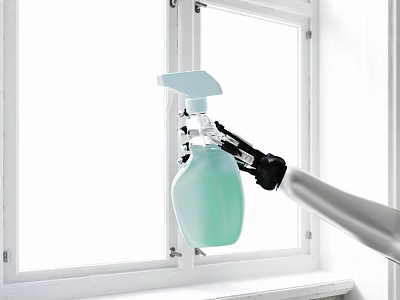 Smart Robot Arm Holding Green Spray Bottle For Window Cleaning Task 3d model