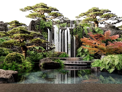 Serene Water Fountain with Pine Trees Red Maple Leaves Green Plants Rocks Pond and Reflection 3d model