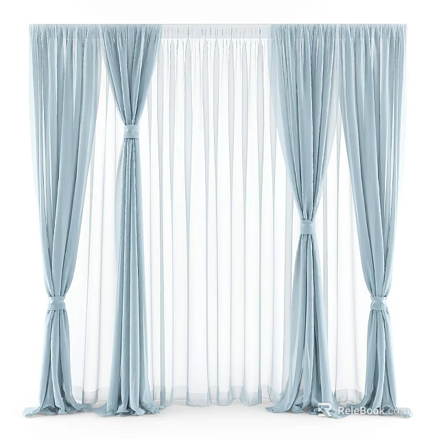 Light Blue Double Layer Curtains With Sheer Panels And Tied Drapes Design 3d model