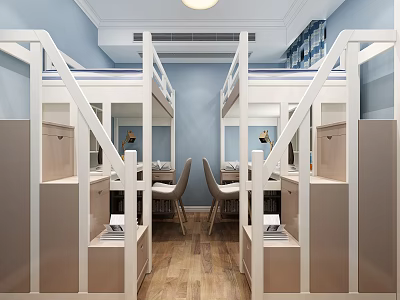 Modern Bunk Bed Bedroom With Blue Walls White Ladder Desk And Storage Cabinets 3d model