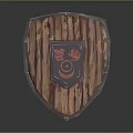 Rustic Wooden Shield With Red Central Emblem And Black Decorative Patterns