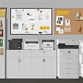 Organized Office Bookcase With White Storage Cabinets Printers Folders Globe And Bulletin Board