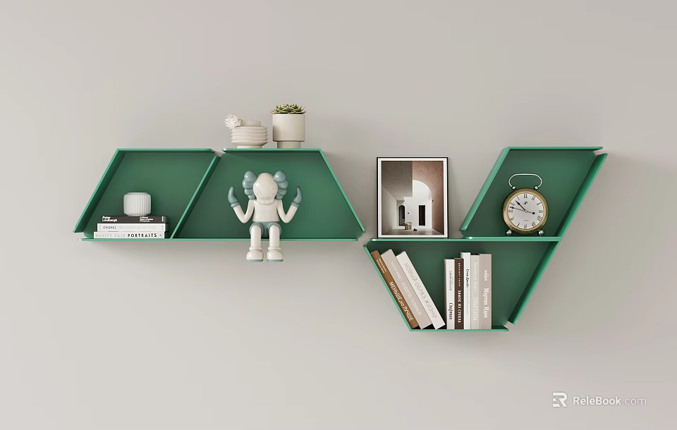 Green Hexagonal Wall Cabinets with White Ornaments Potted Plant Robot Model Clock Books and Decorations 3d model 