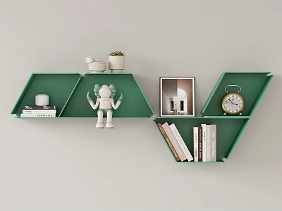 Green Hexagonal Wall Cabinets with White Ornaments Potted Plant Robot Model Clock Books and Decorations 3d model