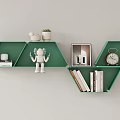 Green Hexagonal Wall Cabinets with White Ornaments Potted Plant Robot Model Clock Books and Decorations