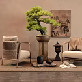 Zen Style Rattan Upholstered Leisure Chairs With Potted Plant Painting And Rug