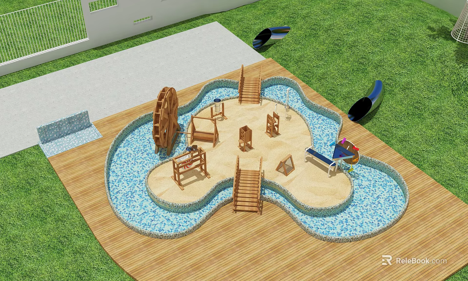 Kindergarten Outdoor Play Area With Wooden Structures Water Pool And Slides 3d model 