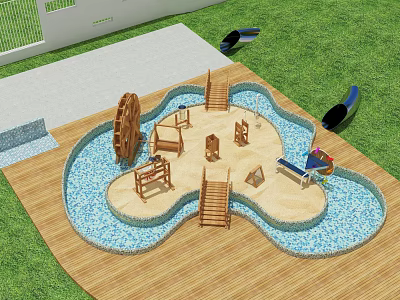 Kindergarten Outdoor Play Area With Wooden Structures Water Pool And Slides 3d model