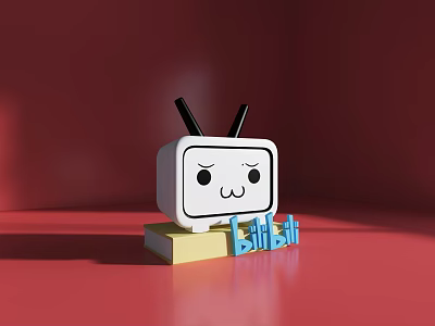 Cute White Cartoon TV Ornament Set With Yellow Base And Bilibili Text 3d model