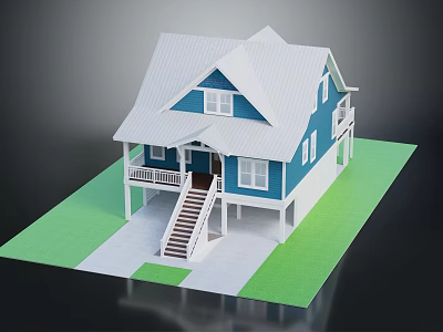 Blue House With White Roof Front Porch Staircase Green Lawn And Gray Ground 3d model