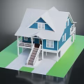 Blue House With White Roof Front Porch Staircase Green Lawn And Gray Ground