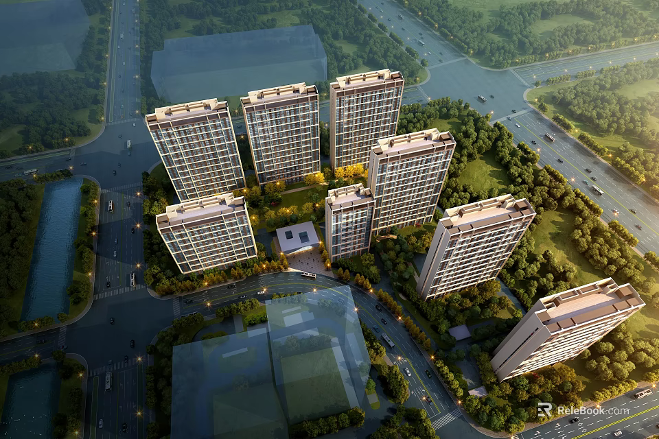 Aerial View Planning of Modern High Rise Residential Buildings With Greenery Roads and Surroundings 3d model 