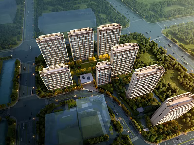 Aerial View Planning of Modern High Rise Residential Buildings With Greenery Roads and Surroundings 3d model
