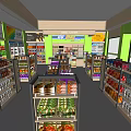 Modern Grocery Supermarket Interior With Cashier Counter Shelves Shampoo And Refrigerated Displays