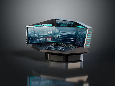 Modern Tech Inspired Octagonal Furniture Console Workstation With Multiple Screens And Control Panel 3d model