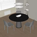 Modern Round Black Marble Dining Table Set With Three Black Leather Chairs And Hanging Lamp
