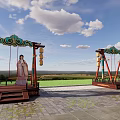 Traditional Art Installation Swing with Lanterns and Woman in Traditional Dress Under Night Sky