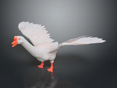 White Goose With Spread Wings Orange Beak And Orange Feet Standing On Dark Background 3d model