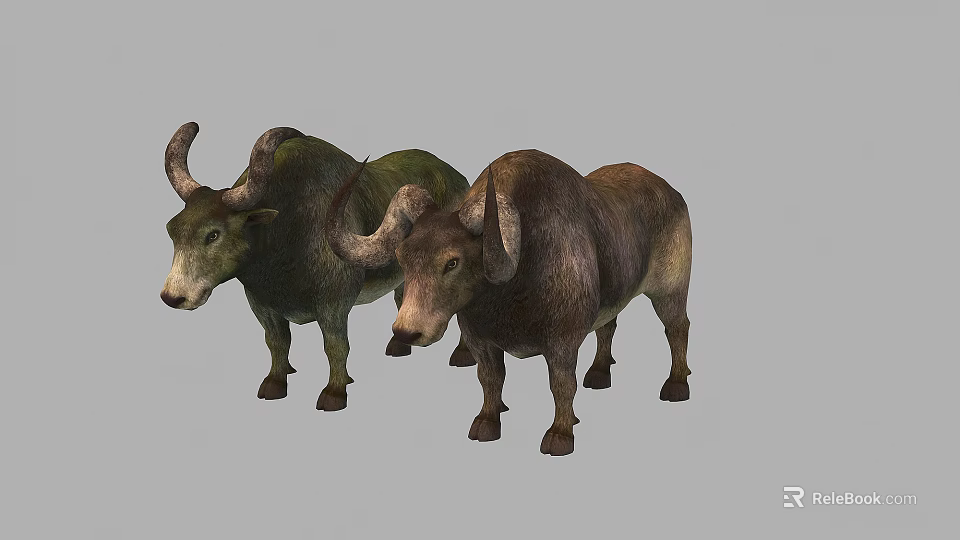 Two Cows 3D Model With Standing Posture Green And Brown Colors On Gray Background 3d model 