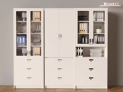 Modern White Filing Cabinet With Glass Doors And Drawers For Office Storage 3d model
