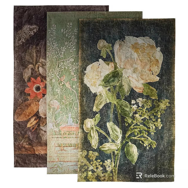 Artistic Picture Frames Featuring Butterflies Red Flowers Green Background Patterns and White Peony Blooms 3d model 