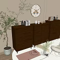 Brown Entrance Cabinet And Sideboard With Decorative Items Wall Clock Plant And Rug