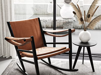Modern Brown Leather Rocking Chair With Wooden Frame And Side Table Vase Pampas Grass Interior 3d model