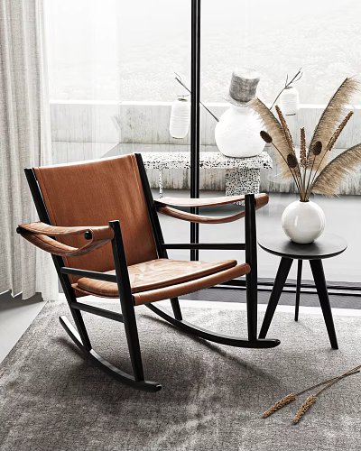 Modern Brown Leather Rocking Chair With Wooden Frame And Side Table Vase Pampas Grass Interior 3d model