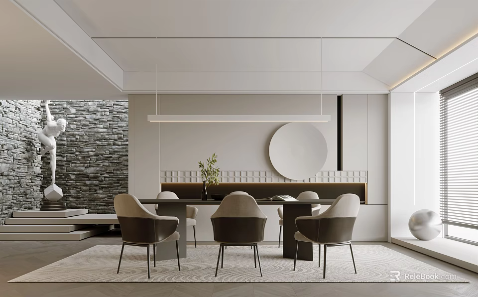 Elegant Modern Restaurant Interior With Dining Table Chairs Pendant Light Round Decor And Stone Wall 3d model 