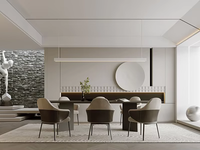 Elegant Modern Restaurant Interior With Dining Table Chairs Pendant Light Round Decor And Stone Wall 3d model