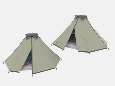 Two Beige Conical Camping Tents With Canvas Material And Support Poles 3d model