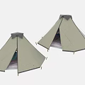 Two Beige Conical Camping Tents With Canvas Material And Support Poles