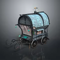 Vintage Carriage With Teal Tiled Roof Black Body Windows Decorative Top And Wheels