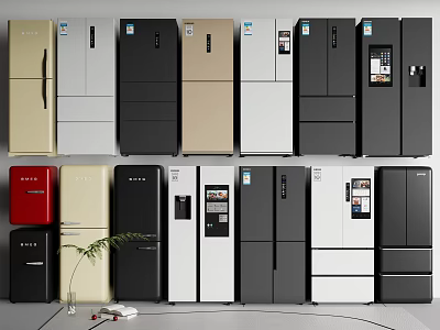 Various Colorful Modern Refrigerators Freezers in Different Styles and Door Designs 3d model