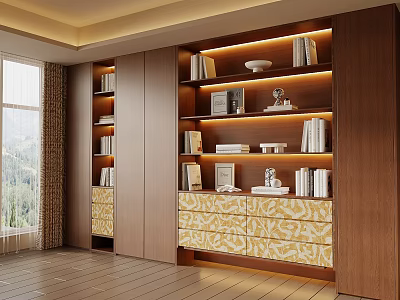 Modern Custom Full Wall Bookcase With Built In Warm Lighting And Stylish Patterned Storage Drawers 3d model
