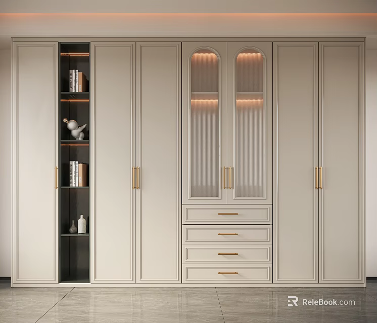 Modern Light Colored Wardrobe With Open Shelves Glass Doors Drawers Lighting And Golden Handles 3d model 