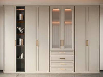 Modern Light Colored Wardrobe With Open Shelves Glass Doors Drawers Lighting And Golden Handles 3d model