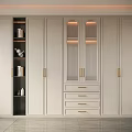 Modern Light Colored Wardrobe With Open Shelves Glass Doors Drawers Lighting And Golden Handles