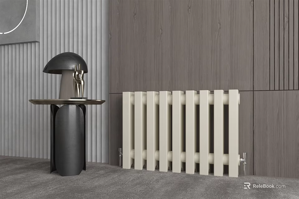 Modern Interior With White Radiator Gray Wall Black Side Table And Lamp 3d model 