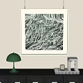 Green And White Abstract Painting With Textured Organic Patterns Framed On Beige Wall