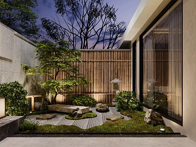 Japanese Courtyard Garden Landscape With Bamboo Fence Stones Moss Trees And Illuminated Lanterns 3d model
