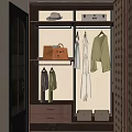 Modern Walk in Closet Interior With Hanging Clothes Handbag Hat And Storage Drawers