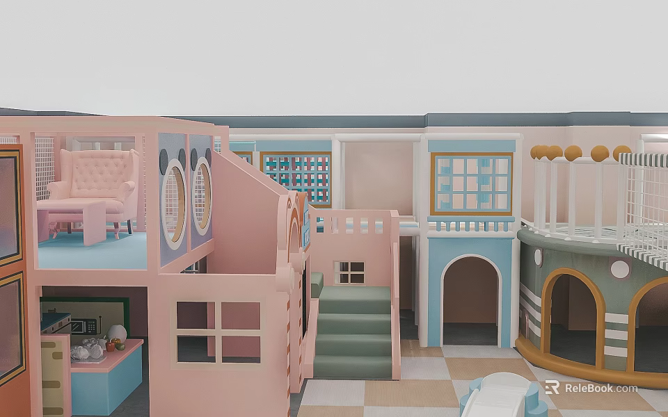 Colorful Indoor Kids Playhouse With Pink Staircase Blue Sofa Green Windows And Checkerboard Floor 3d model 