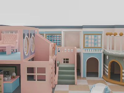 Colorful Indoor Kids Playhouse With Pink Staircase Blue Sofa Green Windows And Checkerboard Floor 3d model